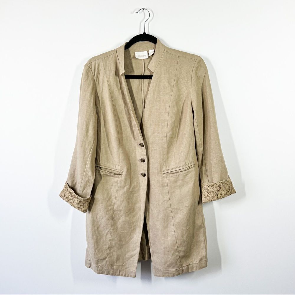 Chicos linen long line blazer w/ lace cuffs